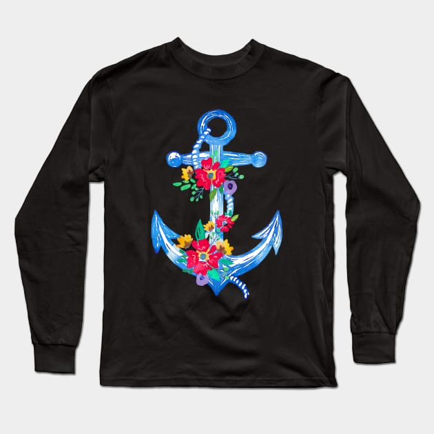 Anchor With Flower Long Sleeve T-Shirt by Mako Design 